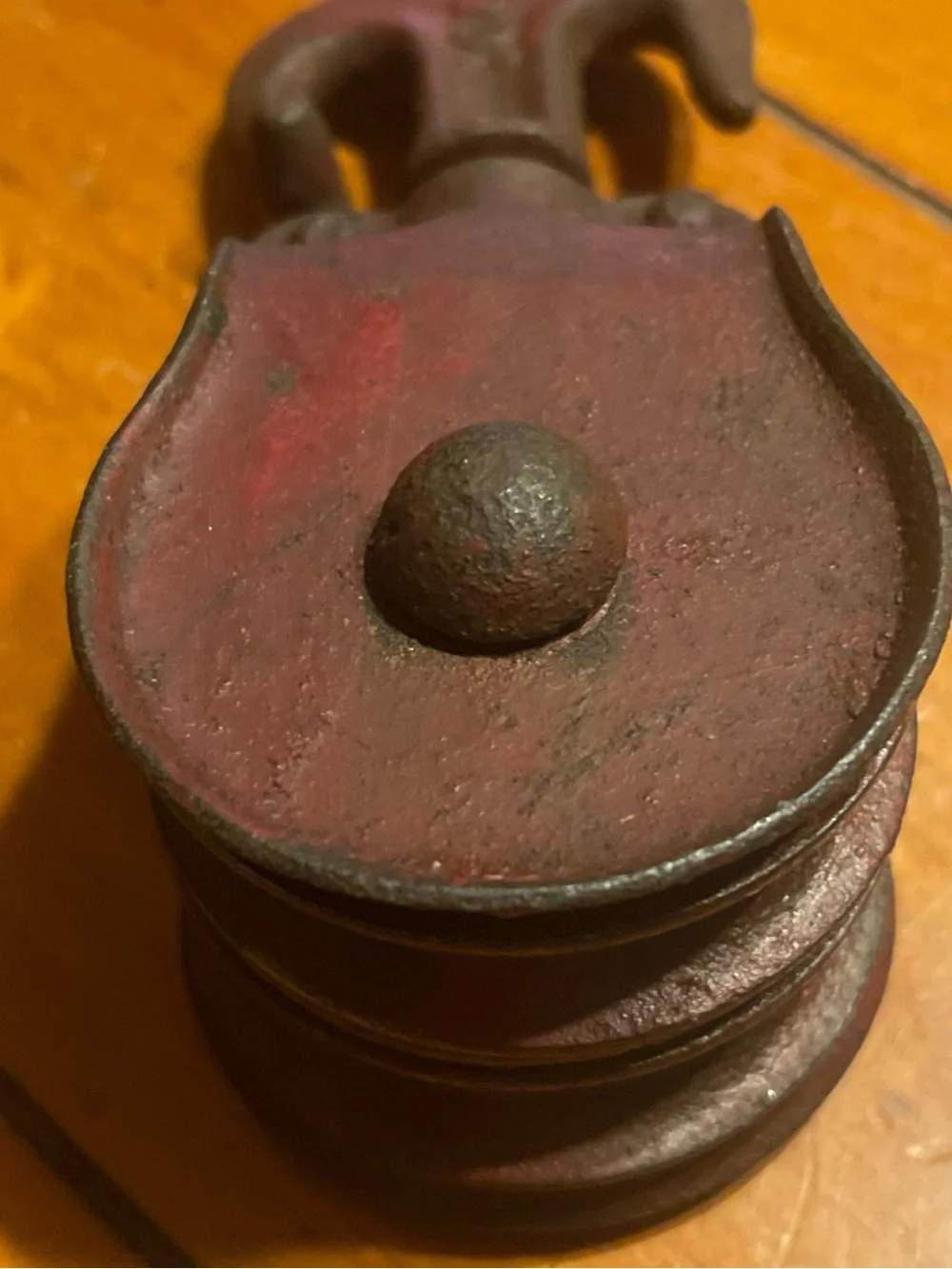 Vintage Red Iron pulley Decor with arrow with tie off Cleat